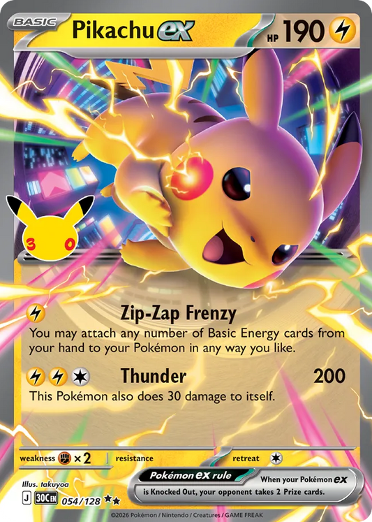 Pikachu ex Holofoil 054/128 30th Celebration Pokémon Card