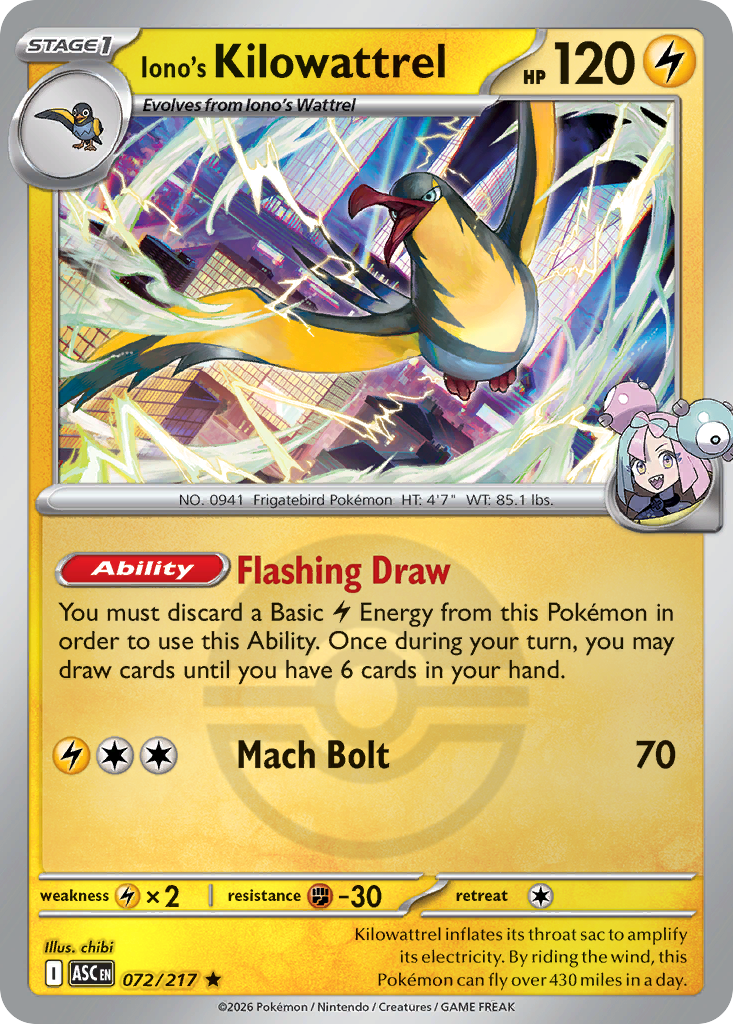 Iono's Kilowattrel Reverse 072/217 Ascended Heroes Pokémon Card