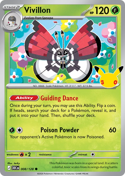 Vivillon Non-Holo 008/128 30th Celebration Pokémon Card