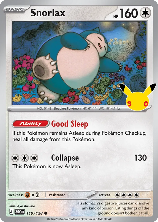 Snorlax Non-Holo 119/128 30th Celebration Pokémon Card